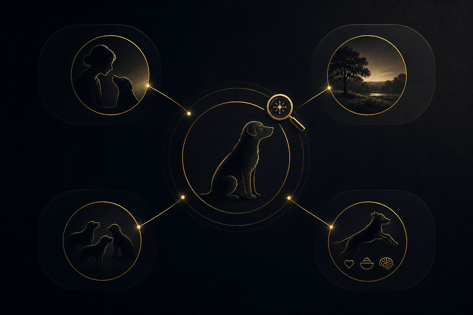 Schéma illustrant l’analyse systémique d’une situation : chien, humains, environnement et autres individus sont considérés ensemble.