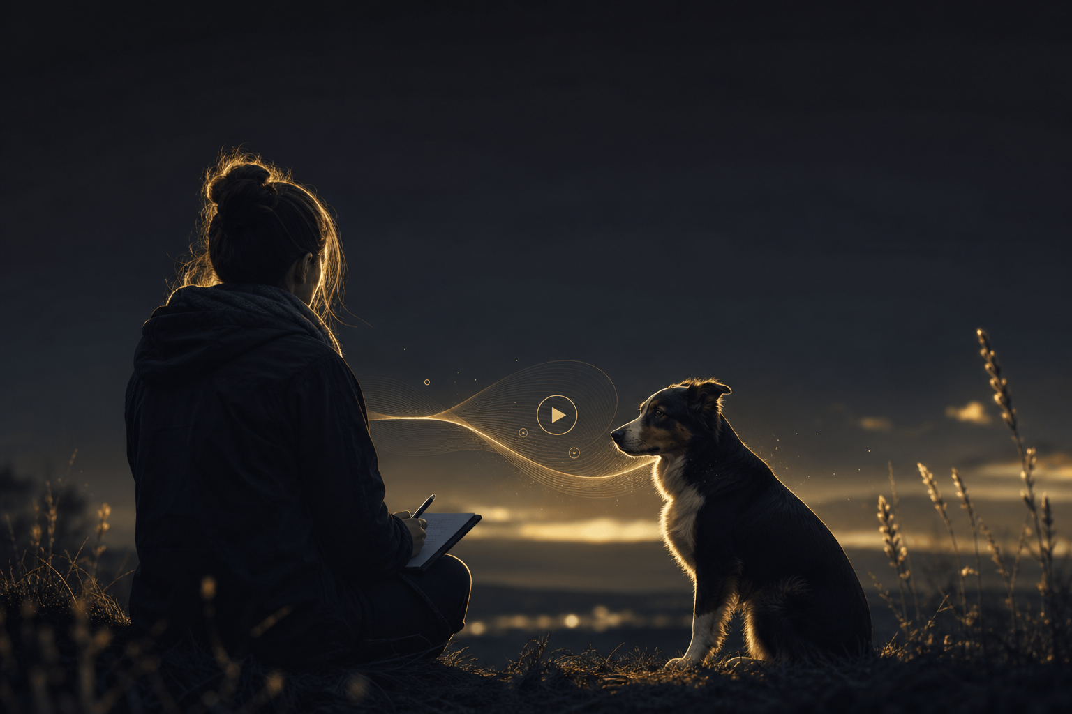 Illustration d’une personne observant un chien avec une posture calme et analytique dans le cadre d’un apprentissage pratique.