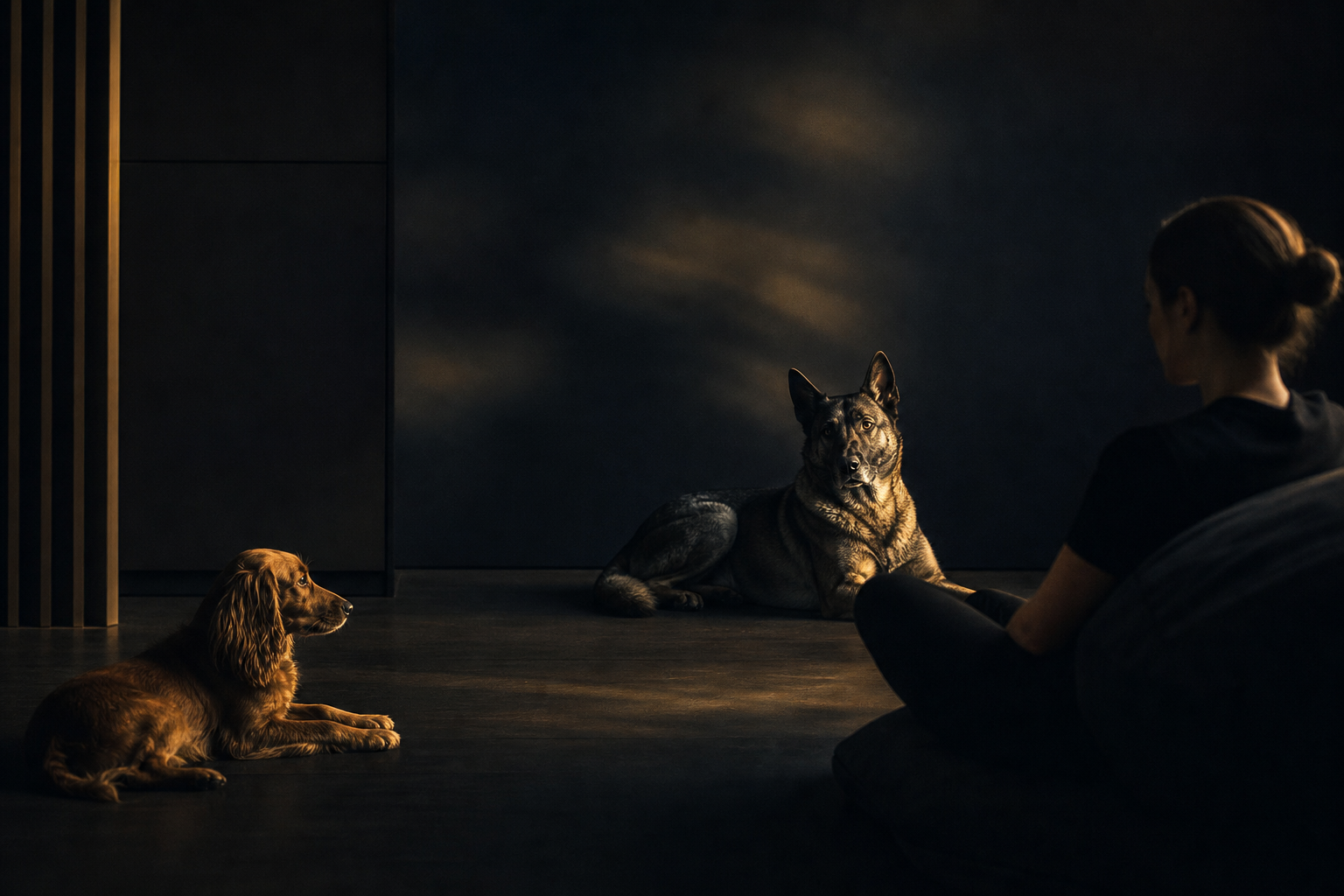 Illustration de deux chiens calmes partageant une pièce sous la présence attentive d’une personne.