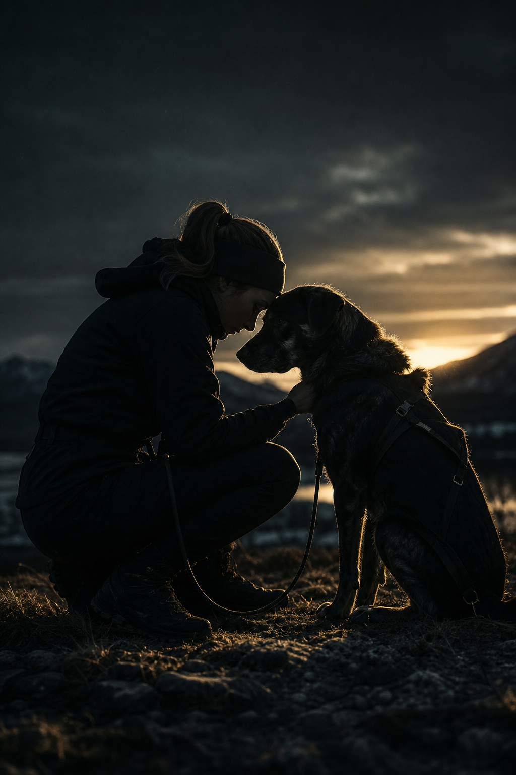 Illustration d’un humain et de son chien se préparant calmement avant une sortie tractée.