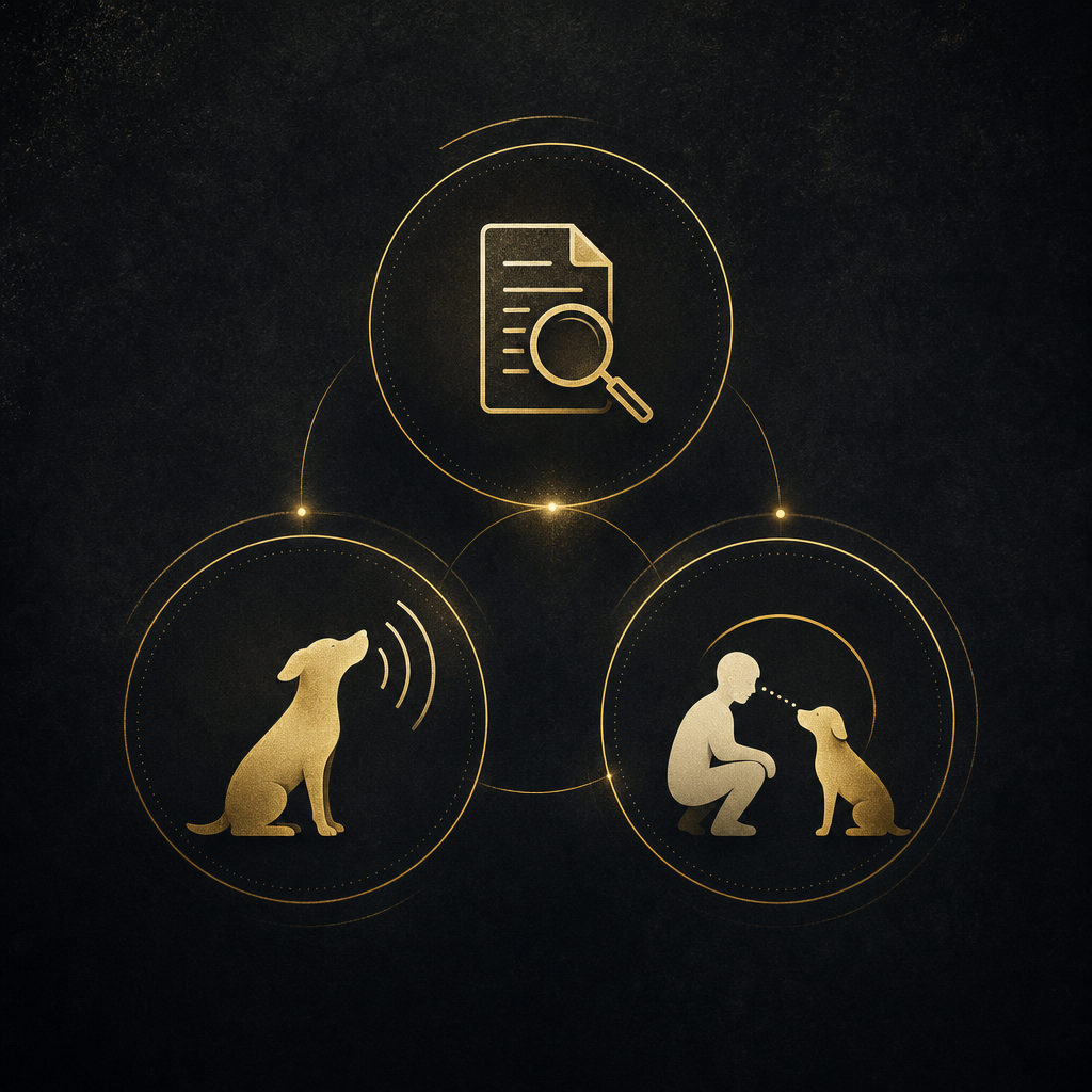 Infographie des trois axes : éthologie, comportement social et communication, cognition et relation humain-chien.